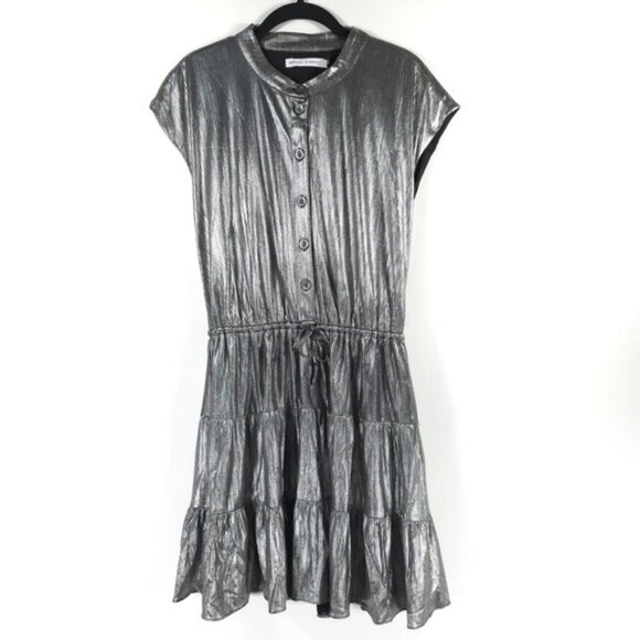 NWT REBECCA MINKOFF OLLIE Gray Silver GUNMETAL Shiny Button Mini Dress MEDIUM